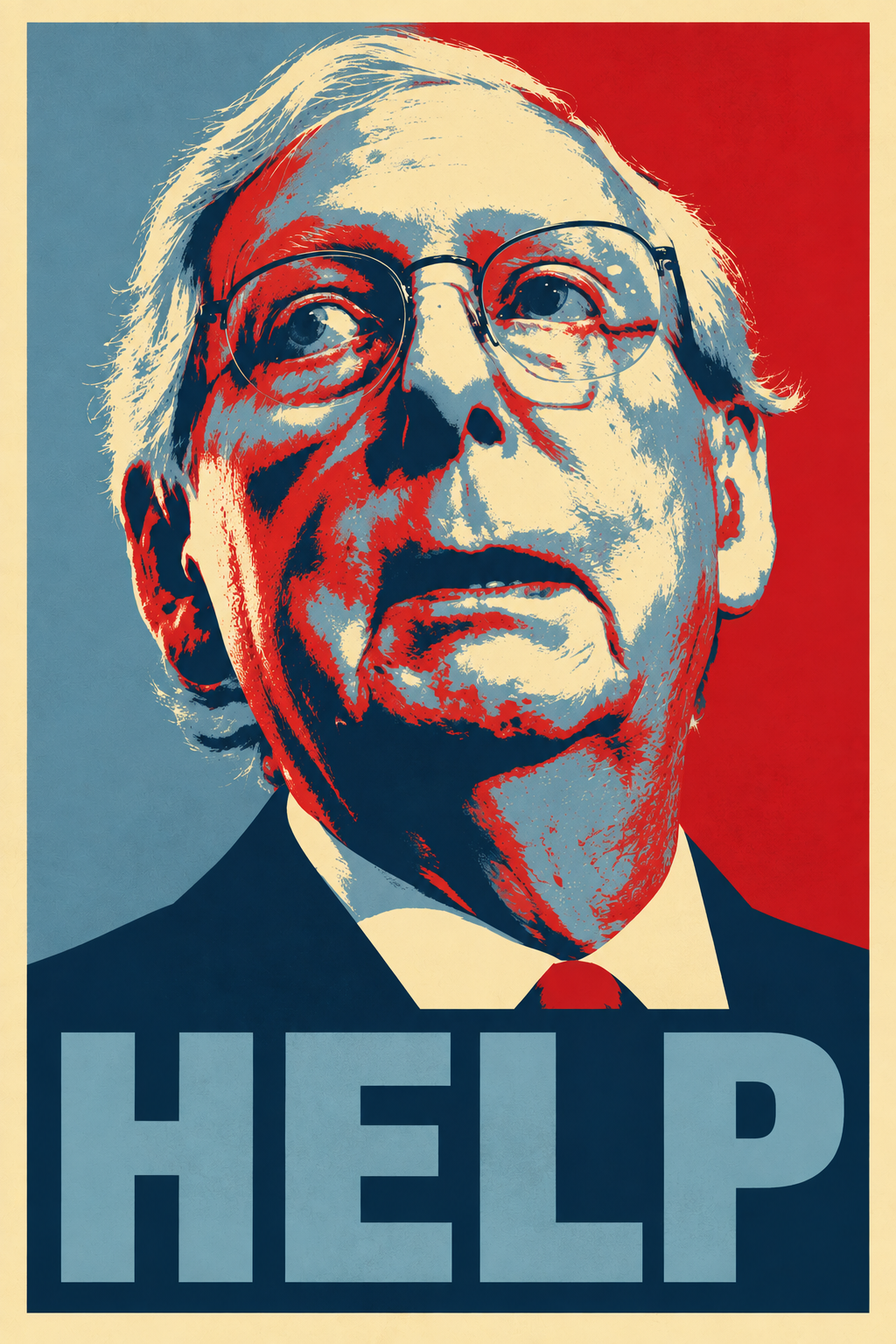 Campaign-style portrait of Mitch with the word Help.